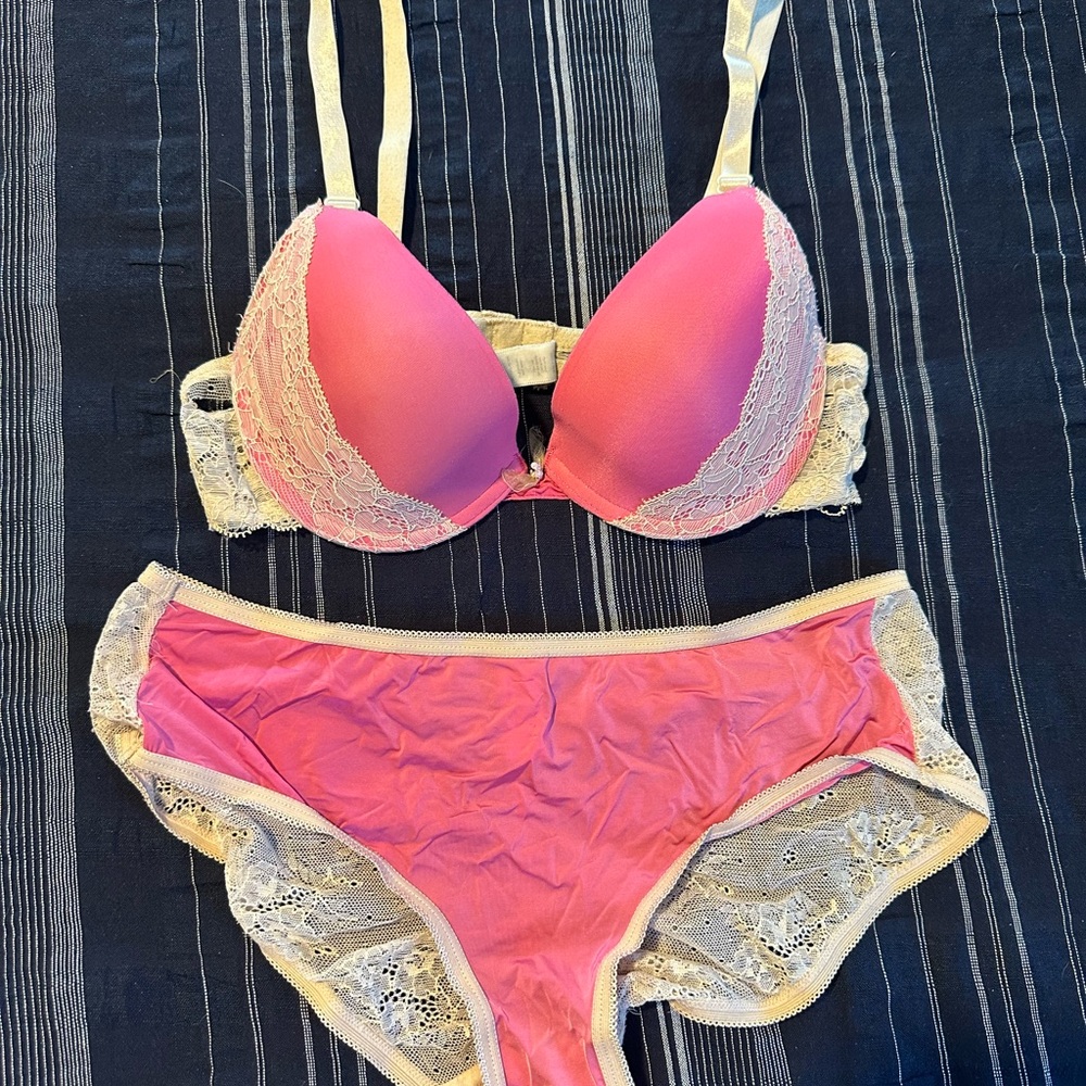 Little Bra Company Pink and Cream Lace Bra, size 34B